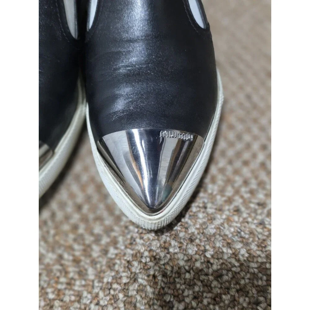 Miu Miu Loafers Women's 36.5 Black Leather Silver Toe Cap Slip On Luxury Shoes - Picture 8 of 9
